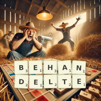 Kreative Illustration für ein Scrabble-Spiel, bei dem das Wort BEHANDELTE mit Steinen auf dem Brett gelegt wurde.