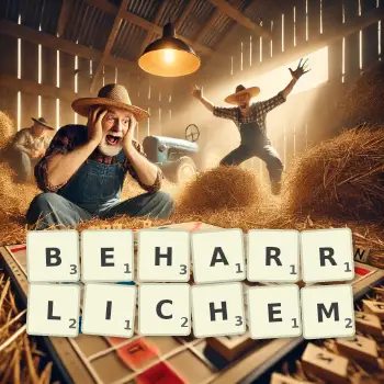 Kreative Illustration für ein Scrabble-Spiel, bei dem das Wort BEHARRLICHEM mit Steinen auf dem Brett gelegt wurde.
