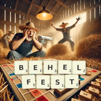 Kreative Illustration für ein Scrabble-Spiel, bei dem das Wort BEHELFEST mit Steinen auf dem Brett gelegt wurde.