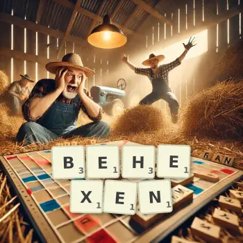 Kreative Illustration für ein Scrabble-Spiel, bei dem das Wort BEHEXEN mit Steinen auf dem Brett gelegt wurde.