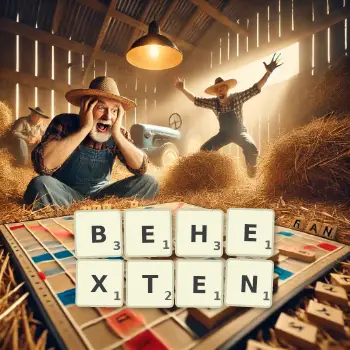 Kreative Illustration für ein Scrabble-Spiel, bei dem das Wort BEHEXTEN mit Steinen auf dem Brett gelegt wurde.