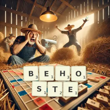 Kreative Illustration für ein Scrabble-Spiel, bei dem das Wort BEHOSTE mit Steinen auf dem Brett gelegt wurde.