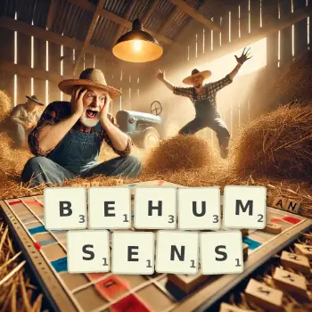 Kreative Illustration für ein Scrabble-Spiel, bei dem das Wort BEHUMSENS mit Steinen auf dem Brett gelegt wurde.