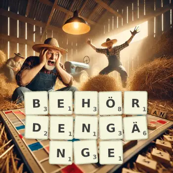 Kreative Illustration für ein Scrabble-Spiel, bei dem das Wort BEHÖRDENGÄNGE mit Steinen auf dem Brett gelegt wurde.