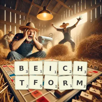 Kreative Illustration für ein Scrabble-Spiel, bei dem das Wort BEICHTFORM mit Steinen auf dem Brett gelegt wurde.