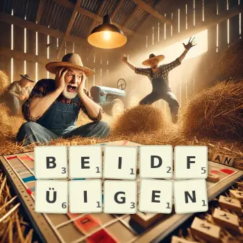 Kreative Illustration für ein Scrabble-Spiel, bei dem das Wort BEIDFÜIGEN mit Steinen auf dem Brett gelegt wurde.