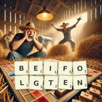 Kreative Illustration für ein Scrabble-Spiel, bei dem das Wort BEIFOLGTEN mit Steinen auf dem Brett gelegt wurde.