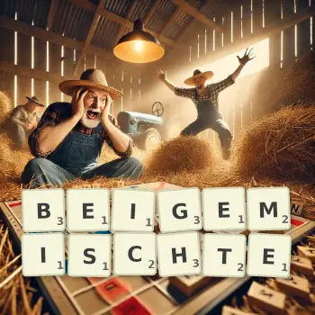 Kreative Illustration für ein Scrabble-Spiel, bei dem das Wort BEIGEMISCHTE mit Steinen auf dem Brett gelegt wurde.