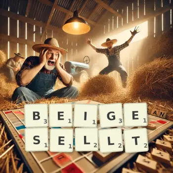 Kreative Illustration für ein Scrabble-Spiel, bei dem das Wort BEIGESELLT mit Steinen auf dem Brett gelegt wurde.