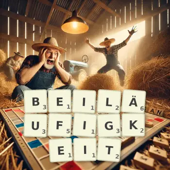 Kreative Illustration für ein Scrabble-Spiel, bei dem das Wort BEILÄUFIGKEIT mit Steinen auf dem Brett gelegt wurde.