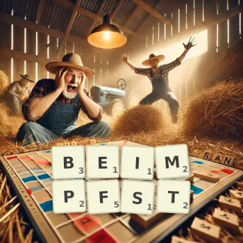 Kreative Illustration für ein Scrabble-Spiel, bei dem das Wort BEIMPFST mit Steinen auf dem Brett gelegt wurde.