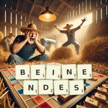 Kreative Illustration für ein Scrabble-Spiel, bei dem das Wort BEINENDES mit Steinen auf dem Brett gelegt wurde.