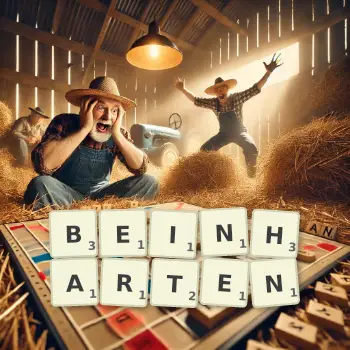 Kreative Illustration für ein Scrabble-Spiel, bei dem das Wort BEINHARTEN mit Steinen auf dem Brett gelegt wurde.