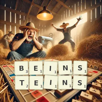 Kreative Illustration für ein Scrabble-Spiel, bei dem das Wort BEINSTEINS mit Steinen auf dem Brett gelegt wurde.