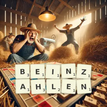 Kreative Illustration für ein Scrabble-Spiel, bei dem das Wort BEINZAHLEN mit Steinen auf dem Brett gelegt wurde.