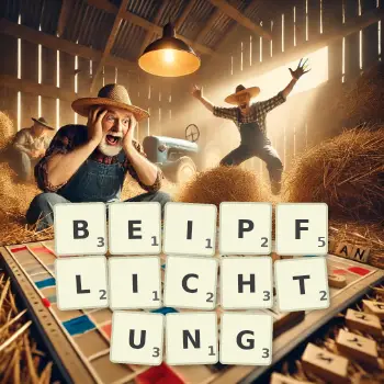 Kreative Illustration für ein Scrabble-Spiel, bei dem das Wort BEIPFLICHTUNG mit Steinen auf dem Brett gelegt wurde.
