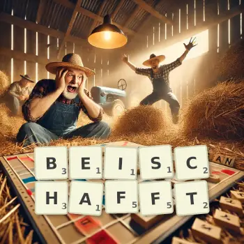 Kreative Illustration für ein Scrabble-Spiel, bei dem das Wort BEISCHAFFT mit Steinen auf dem Brett gelegt wurde.