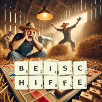 Kreative Illustration für ein Scrabble-Spiel, bei dem das Wort BEISCHIFFE mit Steinen auf dem Brett gelegt wurde.