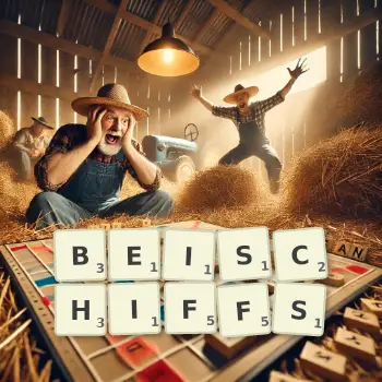 Kreative Illustration für ein Scrabble-Spiel, bei dem das Wort BEISCHIFFS mit Steinen auf dem Brett gelegt wurde.