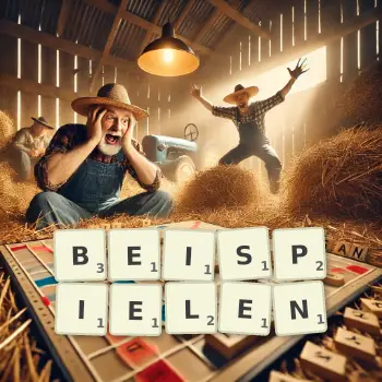 Kreative Illustration für ein Scrabble-Spiel, bei dem das Wort BEISPIELEN mit Steinen auf dem Brett gelegt wurde.