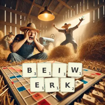 Kreative Illustration für ein Scrabble-Spiel, bei dem das Wort BEIWERK mit Steinen auf dem Brett gelegt wurde.