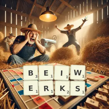 Kreative Illustration für ein Scrabble-Spiel, bei dem das Wort BEIWERKS mit Steinen auf dem Brett gelegt wurde.