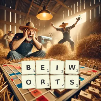 Kreative Illustration für ein Scrabble-Spiel, bei dem das Wort BEIWORTS mit Steinen auf dem Brett gelegt wurde.