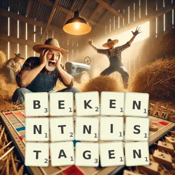 Kreative Illustration für ein Scrabble-Spiel, bei dem das Wort BEKENNTNISTAGEN mit Steinen auf dem Brett gelegt wurde.