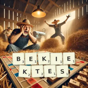 Kreative Illustration für ein Scrabble-Spiel, bei dem das Wort BEKIEKTES mit Steinen auf dem Brett gelegt wurde.