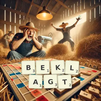 Kreative Illustration für ein Scrabble-Spiel, bei dem das Wort BEKLAGT mit Steinen auf dem Brett gelegt wurde.