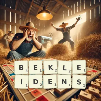 Kreative Illustration für ein Scrabble-Spiel, bei dem das Wort BEKLEIDENS mit Steinen auf dem Brett gelegt wurde.