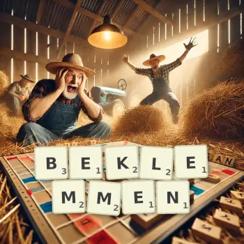 Kreative Illustration für ein Scrabble-Spiel, bei dem das Wort BEKLEMMEN mit Steinen auf dem Brett gelegt wurde.