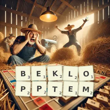 Kreative Illustration für ein Scrabble-Spiel, bei dem das Wort BEKLOPPTEM mit Steinen auf dem Brett gelegt wurde.