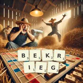 Kreative Illustration für ein Scrabble-Spiel, bei dem das Wort BEKRIEG mit Steinen auf dem Brett gelegt wurde.