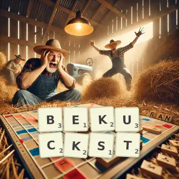 Kreative Illustration für ein Scrabble-Spiel, bei dem das Wort BEKUCKST mit Steinen auf dem Brett gelegt wurde.