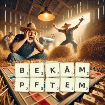 Kreative Illustration für ein Scrabble-Spiel, bei dem das Wort BEKÄMPFTEM mit Steinen auf dem Brett gelegt wurde.