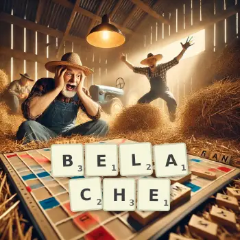 Kreative Illustration für ein Scrabble-Spiel, bei dem das Wort BELACHE mit Steinen auf dem Brett gelegt wurde.
