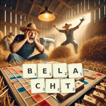Kreative Illustration für ein Scrabble-Spiel, bei dem das Wort BELACHT mit Steinen auf dem Brett gelegt wurde.