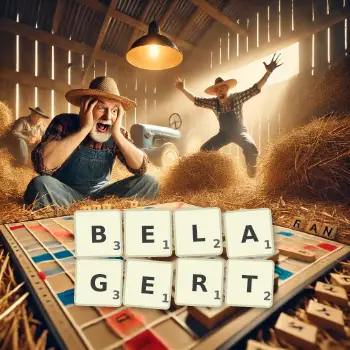 Kreative Illustration für ein Scrabble-Spiel, bei dem das Wort BELAGERT mit Steinen auf dem Brett gelegt wurde.