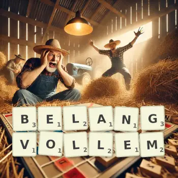 Kreative Illustration für ein Scrabble-Spiel, bei dem das Wort BELANGVOLLEM mit Steinen auf dem Brett gelegt wurde.