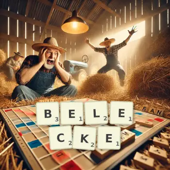 Kreative Illustration für ein Scrabble-Spiel, bei dem das Wort BELECKE mit Steinen auf dem Brett gelegt wurde.