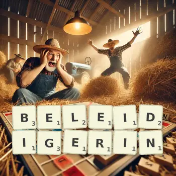Kreative Illustration für ein Scrabble-Spiel, bei dem das Wort BELEIDIGERIN mit Steinen auf dem Brett gelegt wurde.