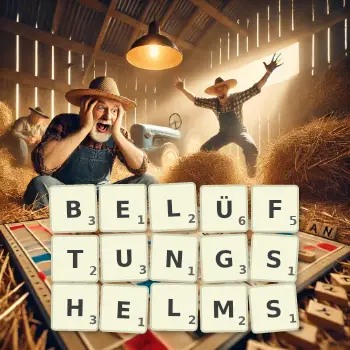 Kreative Illustration für ein Scrabble-Spiel, bei dem das Wort BELÜFTUNGSHELMS mit Steinen auf dem Brett gelegt wurde.