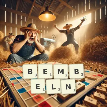 Kreative Illustration für ein Scrabble-Spiel, bei dem das Wort BEMBELN mit Steinen auf dem Brett gelegt wurde.