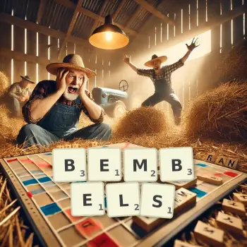 Kreative Illustration für ein Scrabble-Spiel, bei dem das Wort BEMBELS mit Steinen auf dem Brett gelegt wurde.