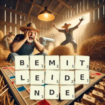 Kreative Illustration für ein Scrabble-Spiel, bei dem das Wort BEMITLEIDENDE mit Steinen auf dem Brett gelegt wurde.