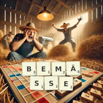 Kreative Illustration für ein Scrabble-Spiel, bei dem das Wort BEMÄSSE mit Steinen auf dem Brett gelegt wurde.