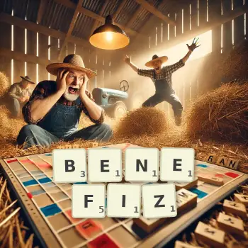 Kreative Illustration für ein Scrabble-Spiel, bei dem das Wort BENEFIZ mit Steinen auf dem Brett gelegt wurde.