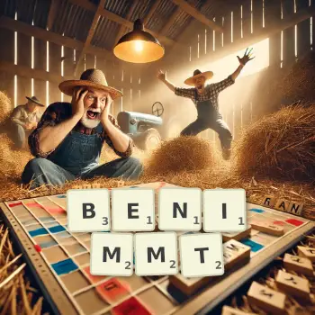 Kreative Illustration für ein Scrabble-Spiel, bei dem das Wort BENIMMT mit Steinen auf dem Brett gelegt wurde.
