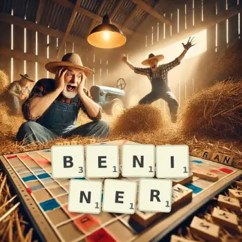 Kreative Illustration für ein Scrabble-Spiel, bei dem das Wort BENINER mit Steinen auf dem Brett gelegt wurde.
